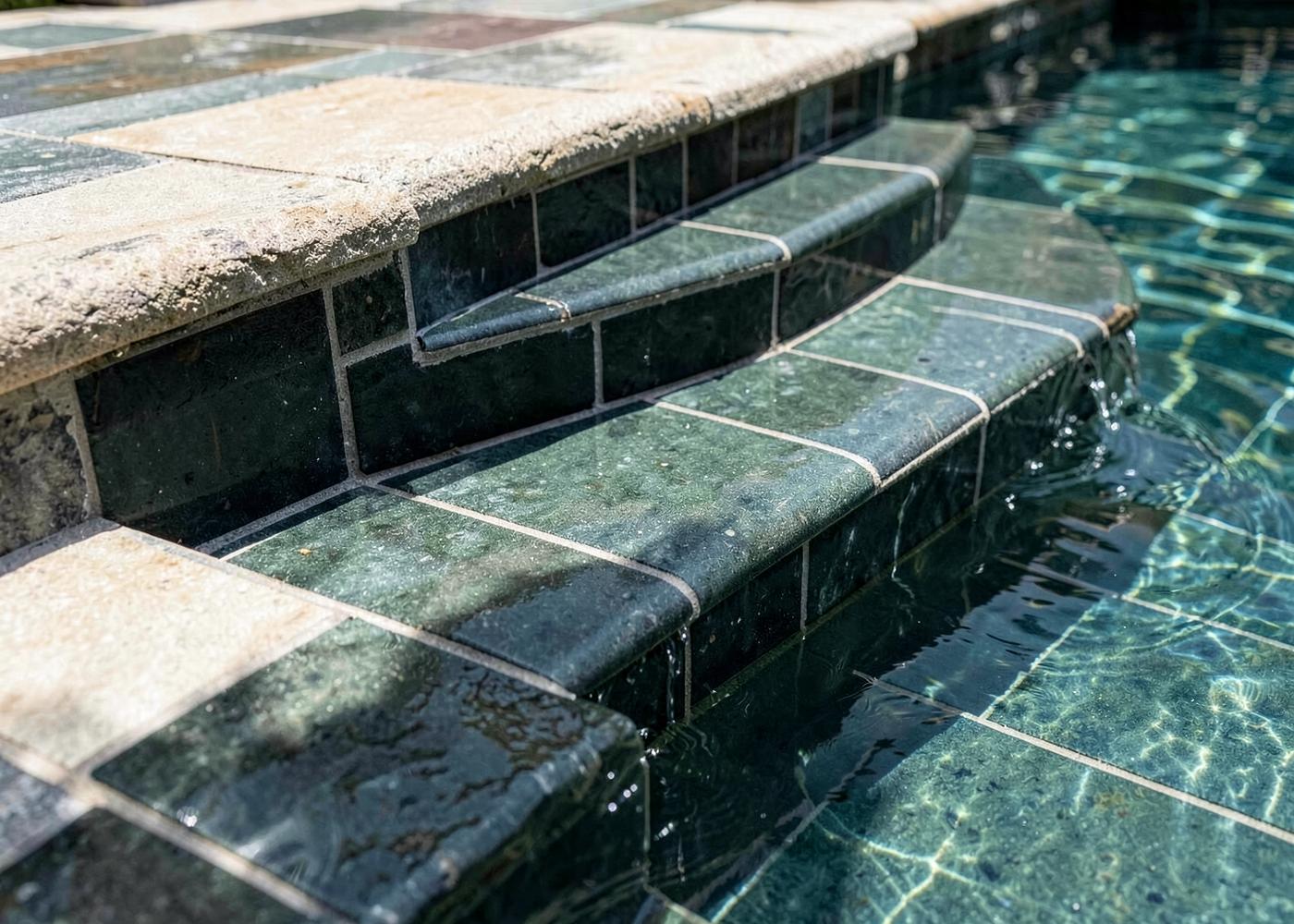 Detalle de escaleras y línea de agua con acabado cerámico en una piscina