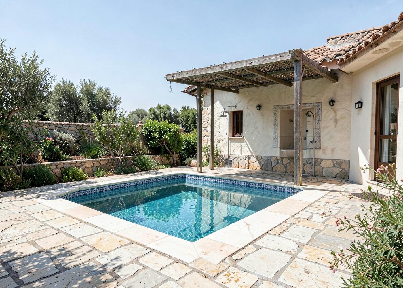 Pavimento de piedra, ducha exterior y zona cubierta alrededor de una piscina